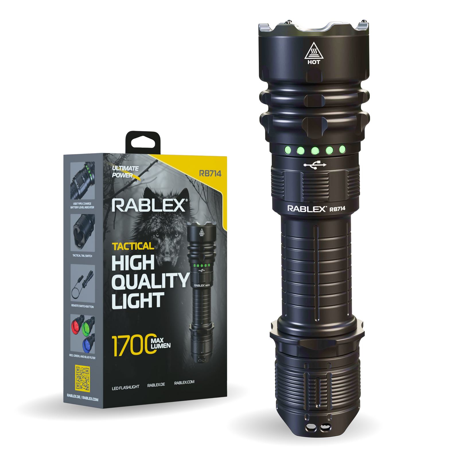 RABLEX Taschenlampe LED 1700 Lumen, 3 Farben, taktische Lampe, wiederaufladbar - RB714