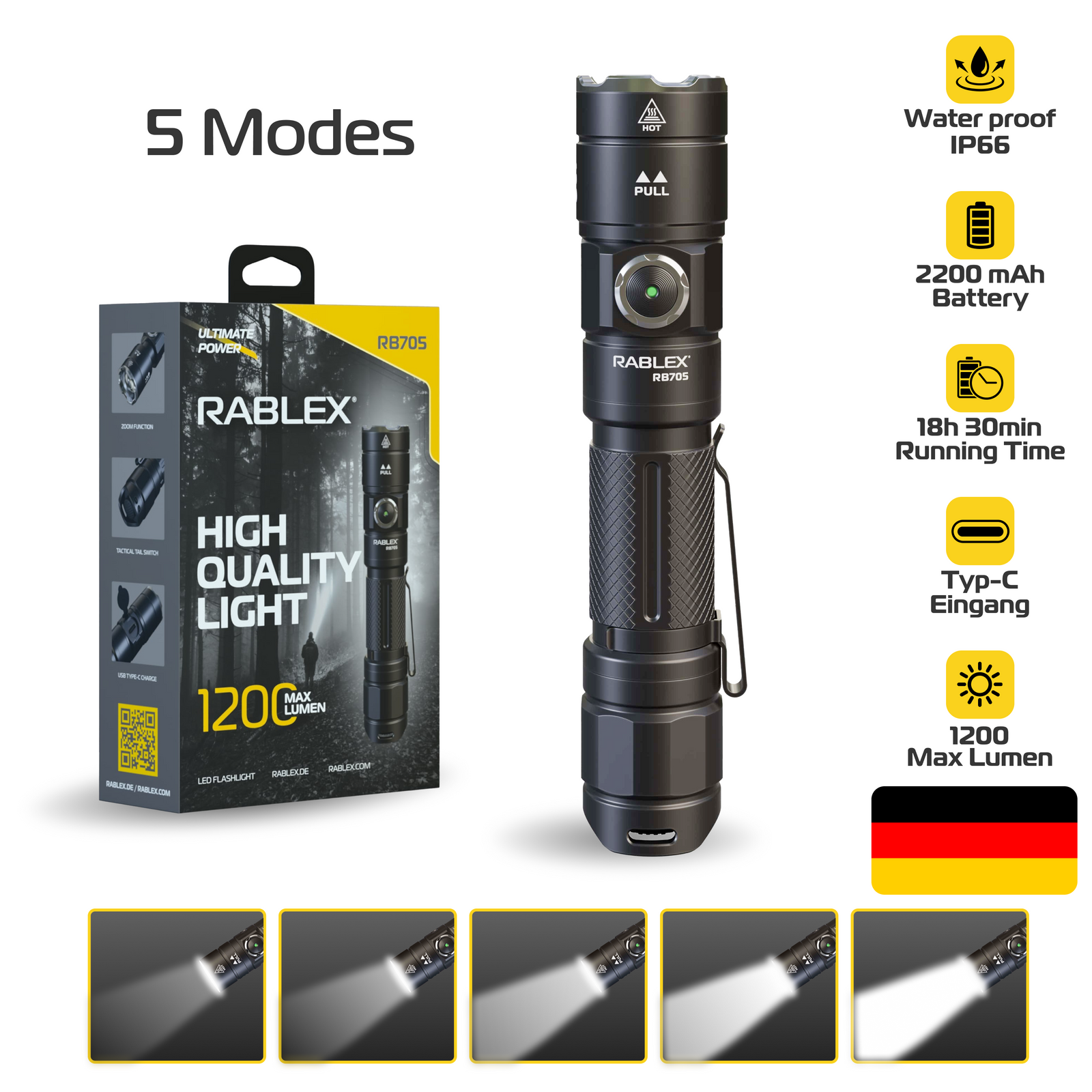 RABLEX LED Taschenlampe 4000 Lumen – 5 Modi Torch Flashlight, Wasserdicht - RB705