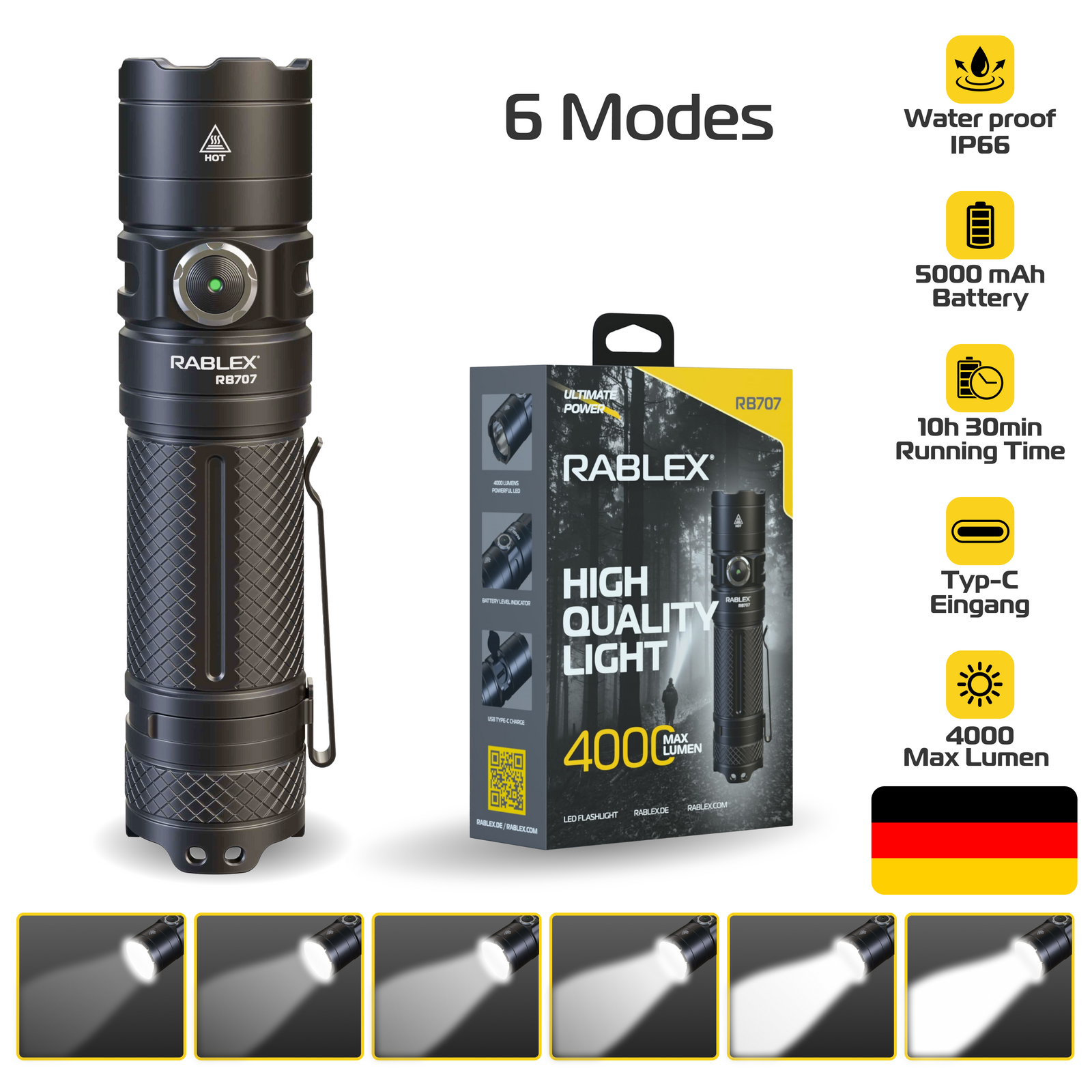 LED Taschenlampe Wiederaufladbar RABLEX 4000Lm Superhelle Wasserfest 6 Modi - RB707