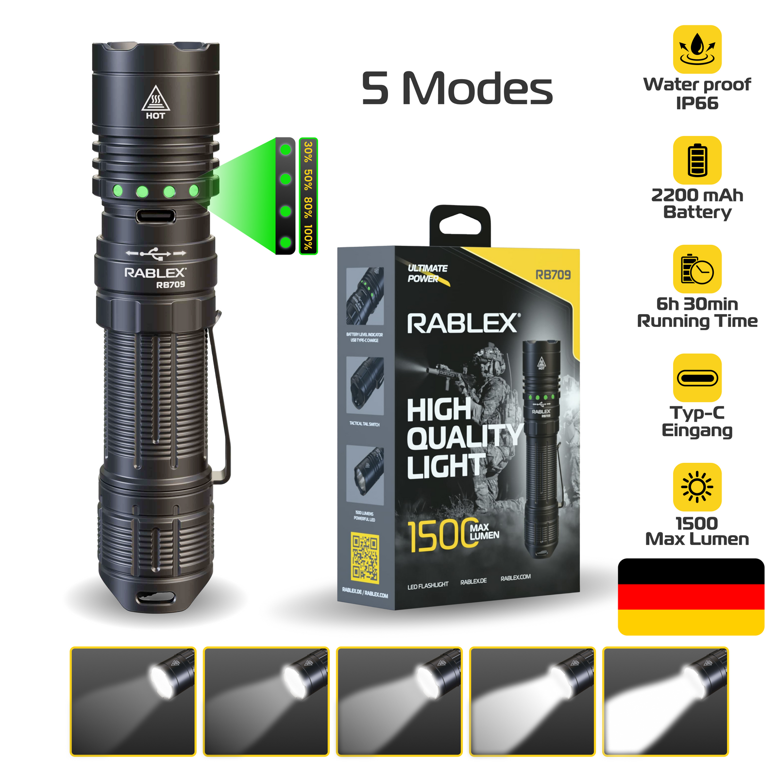 RABLEX LED Taschenlampe – Aluminium Torch Flashlight, Wiederaufladbar 1500 LM - RB 709