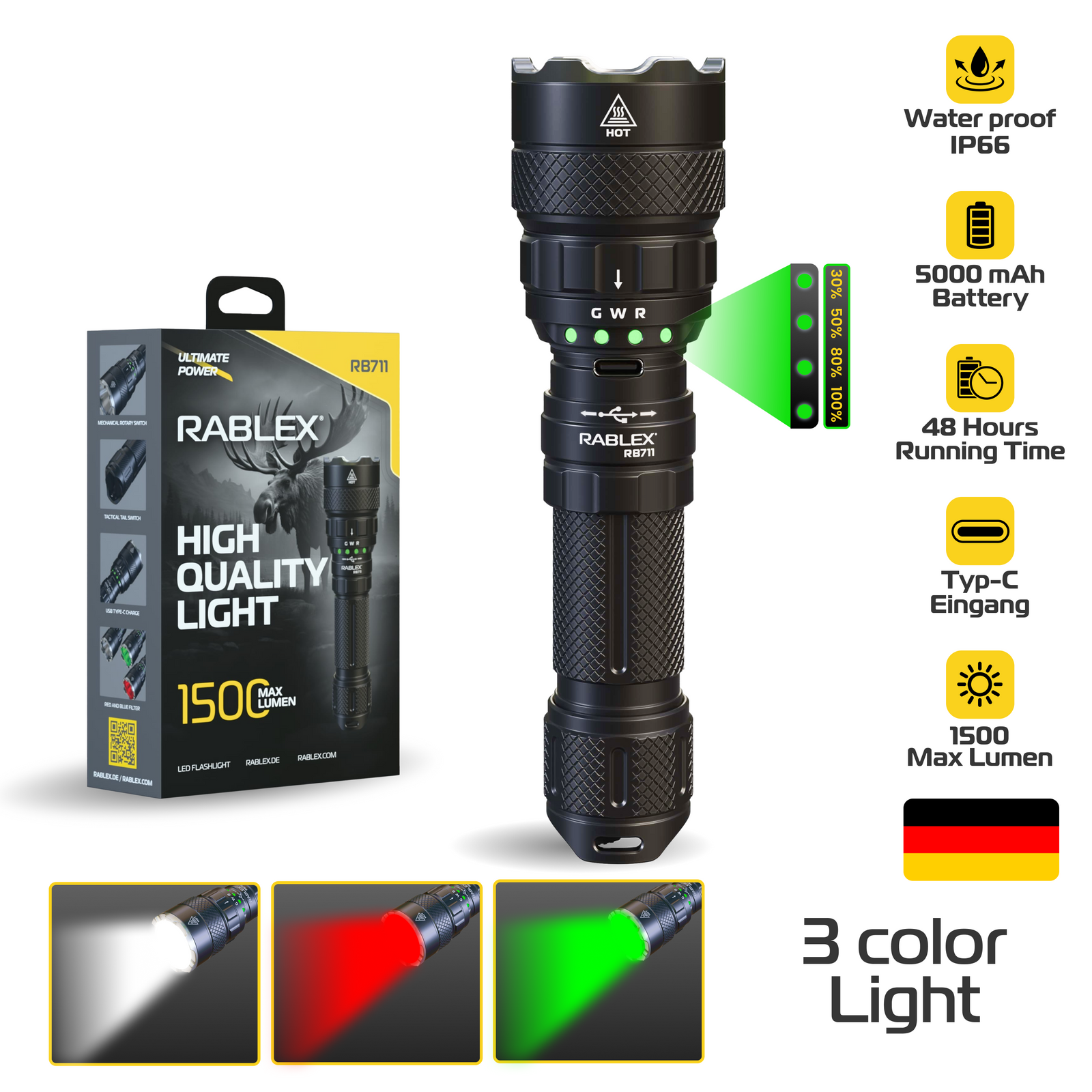 REBLEX LED Taschenlampe, Weiß/Rot/Grün Licht, 9 Modi 3 Farbe 5000 mAh - RB711