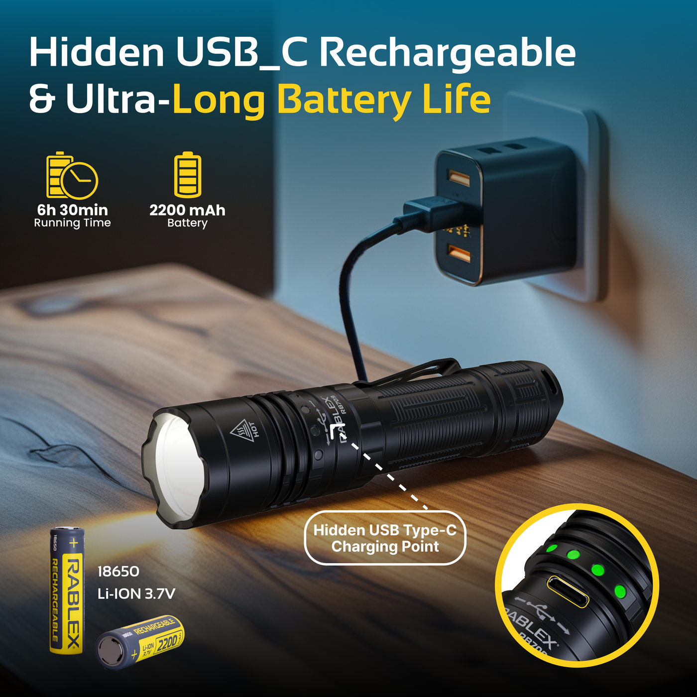RABLEX LED Taschenlampe – Aluminium Torch Flashlight, Wiederaufladbar 1500 LM - RB 709