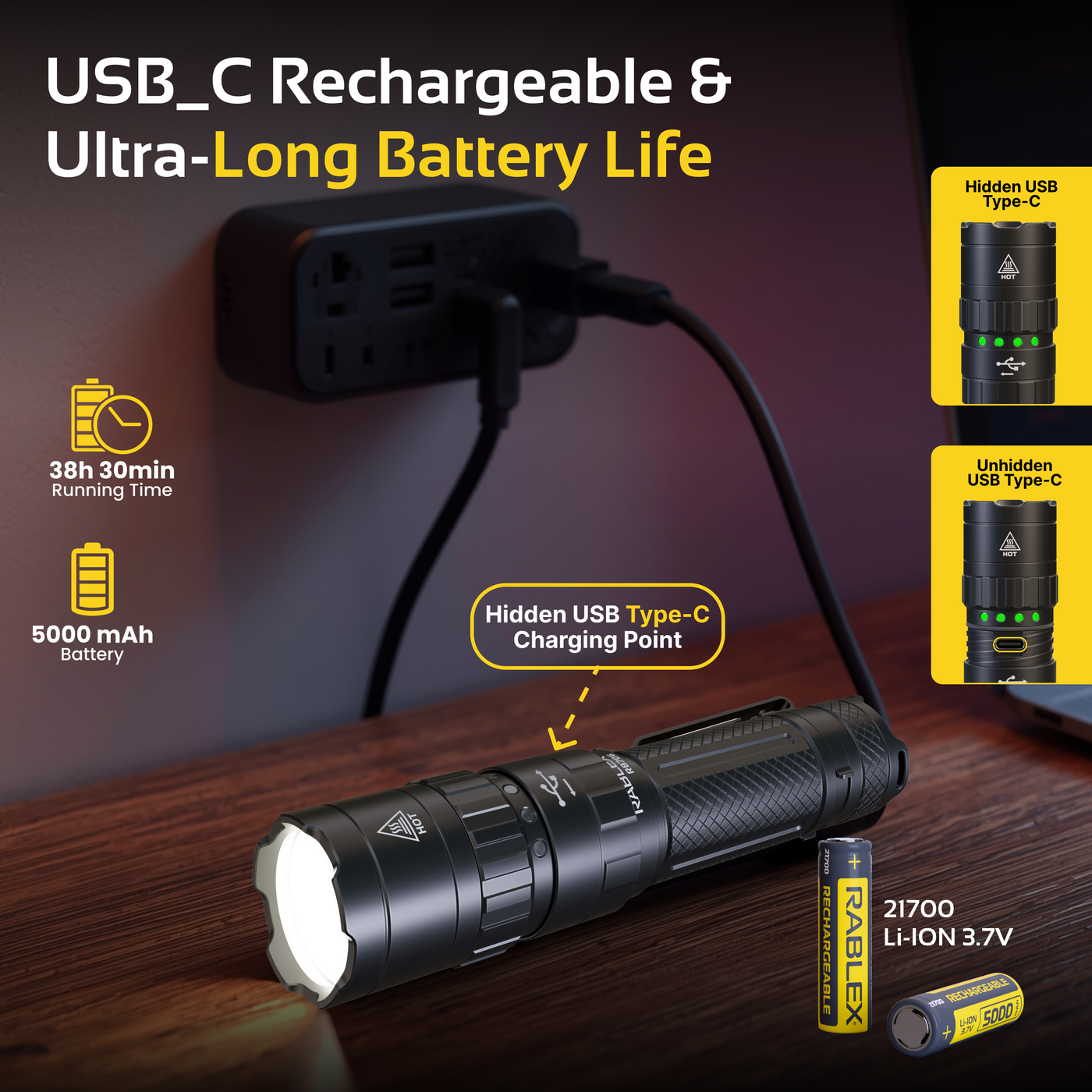 RABLEX 2000 Lumen 5000 mAh Wiederaufladbar, Superhelle LED Taschenlampe - RB706