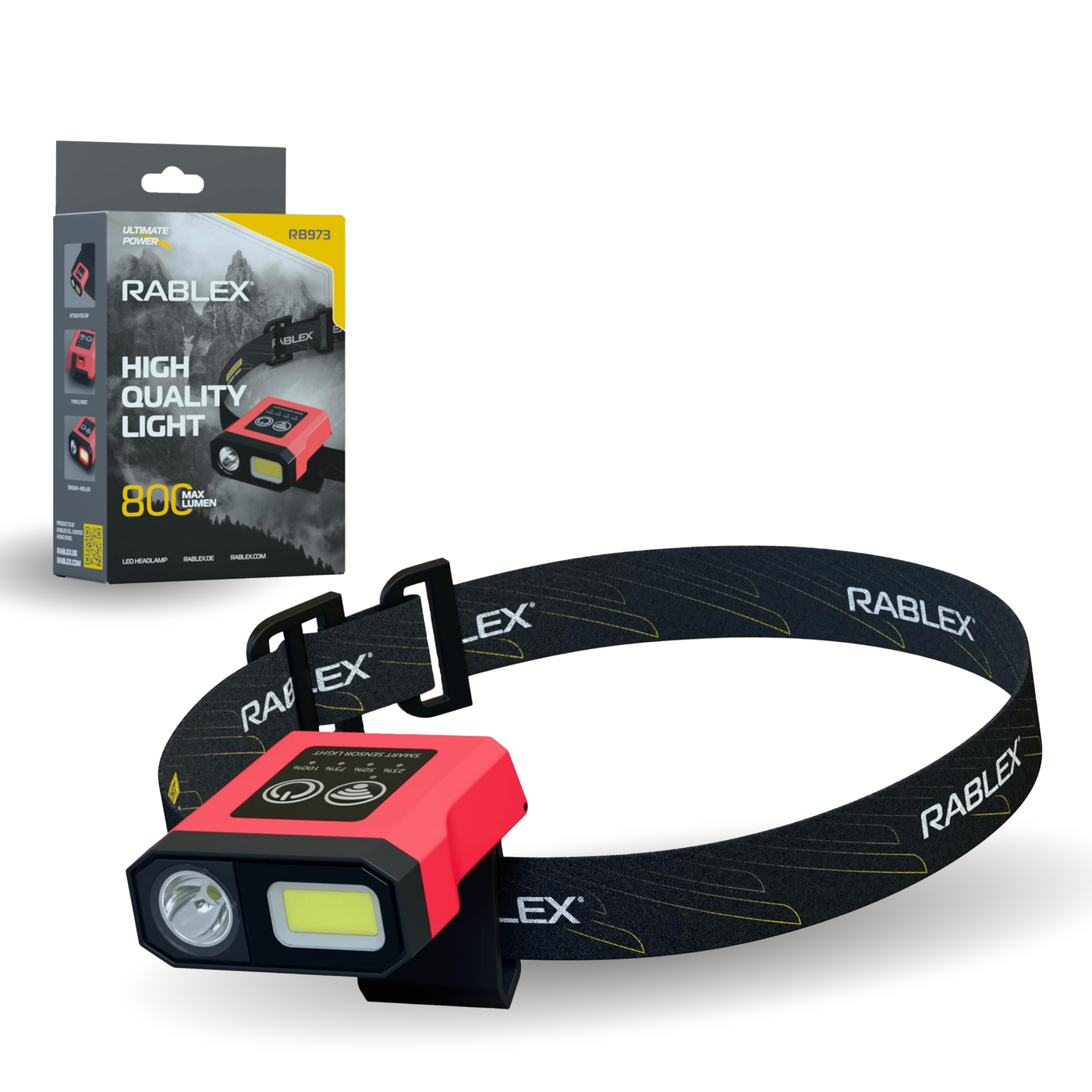 RABLEX 5in1 LED Stirnlampe Rot Gelb Weiß 800LM Wasserdicht Wiederaufladbar Lampe