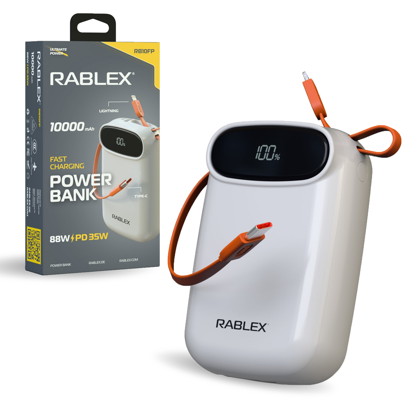 RABLEX Powerbank 10000mAh 88W PD 35W USB-C Schnellladegerät für Handy & Laptop