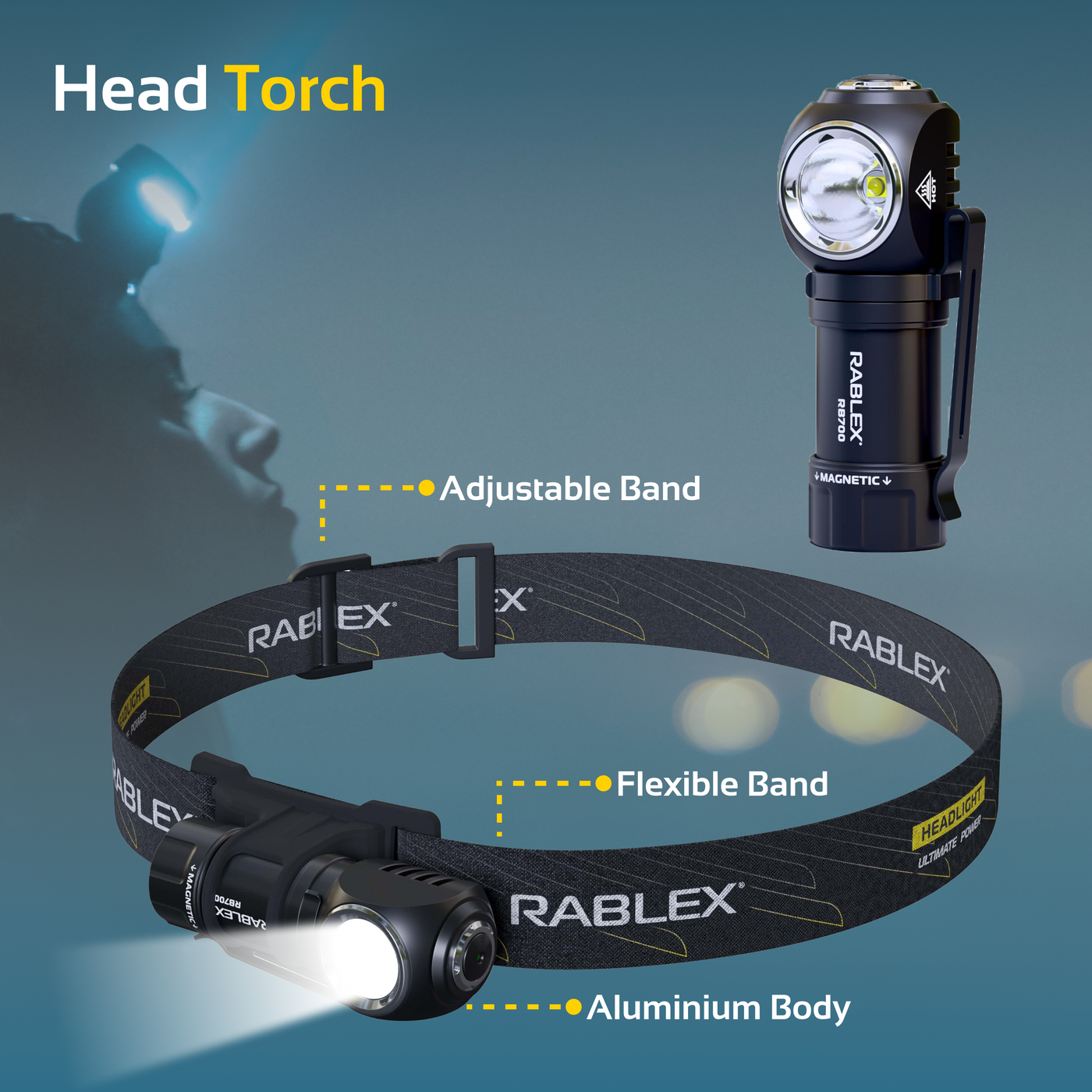 2 in 1 Akku LED Taschenlampe Stirnlampe Aufladbar Rablex Mini-Größe Wasserdicht - RB 700