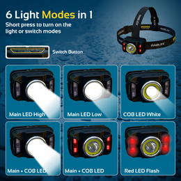 LED Stirnlampe RABLEX – Rotlicht Sensor Weiß & Rot Licht, 6 Modi Wiederaufladbar - RB657