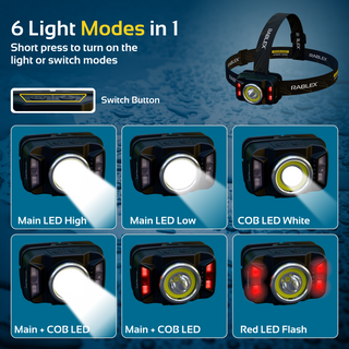 LED Stirnlampe RABLEX – Rotlicht Sensor Weiß & Rot Licht, 6 Modi Wiederaufladbar - RB657