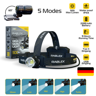 RABLEX LED Stirnlampe 1100 Lumen – USB-C wiederaufladbar, leicht, wasserdicht - RB 652