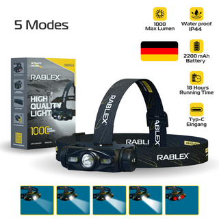 Share RABLEX LED Headlamp 1000 Lumen – Rechargeable USB-C, Lightweight, Waterproof - RB 654