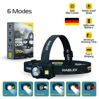 RABLEX LED Stirnlampe, 1200mAh Battery, 7 Modes, 500 Lumen wiederaufladbar - RB659
