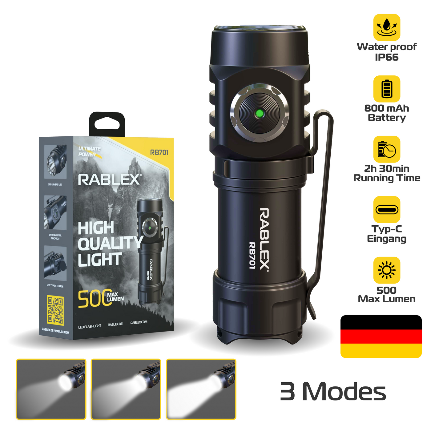 Mini LED Taschenlampe, Aluminium Torch Flashlight, Wasserdicht & wiederaufladbar - RB701