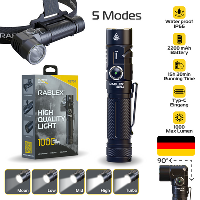 2 in 1 Akku LED Taschenlampe Stirnlampe Aufladbar Rablex Superhelle Wasserdicht - RB704