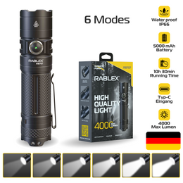 LED Taschenlampe Wiederaufladbar RABLEX 4000Lm Superhelle Wasserfest 6 Modi - RB707