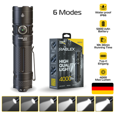 LED Taschenlampe Wiederaufladbar RABLEX 4000Lm Superhelle Wasserfest 6 Modi - RB707