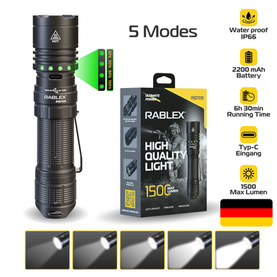 RABLEX LED Taschenlampe – Aluminium Torch Flashlight, Wiederaufladbar 1500 LM - RB 709