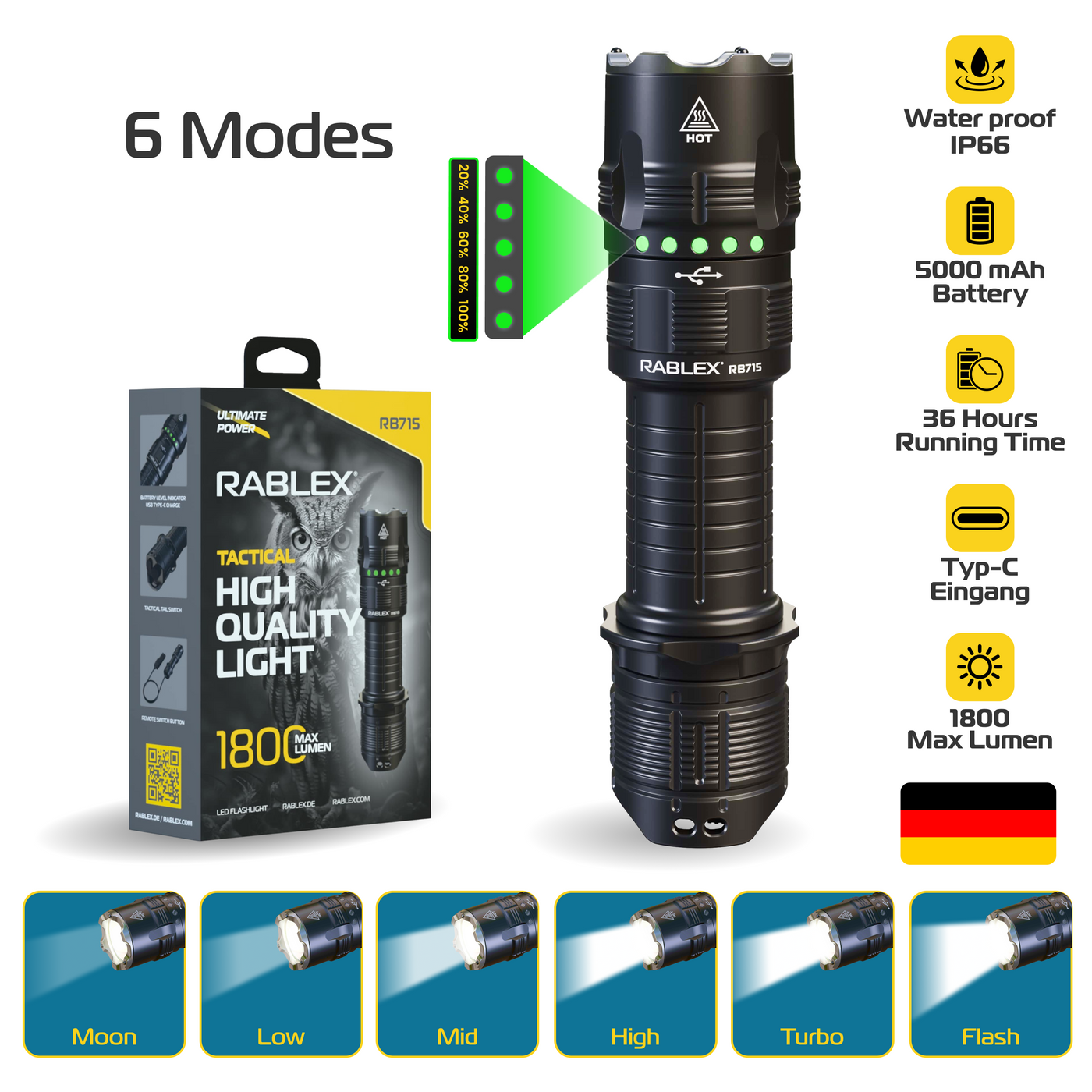 Wasserdicht 1800 Lumen LED Taschenlampe RABLEX, Aluminium Torch, Camping Outdoor - RB715