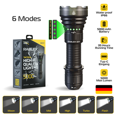 Extrem Hell LED Taschenlampe Rablex, 5000 LUMEN Wiederaufladbare Wasserdicht - RB717