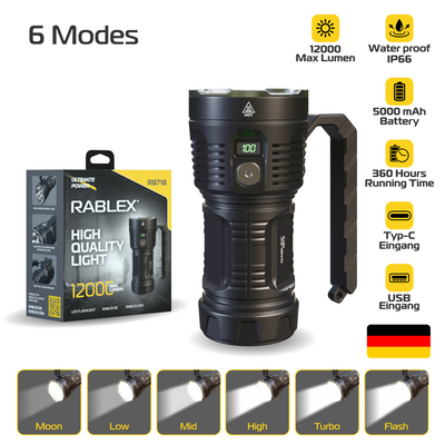 12000 LM OLED Extrem Hell Taschenlampe with Powerbank, Superhelle Torch - RB718