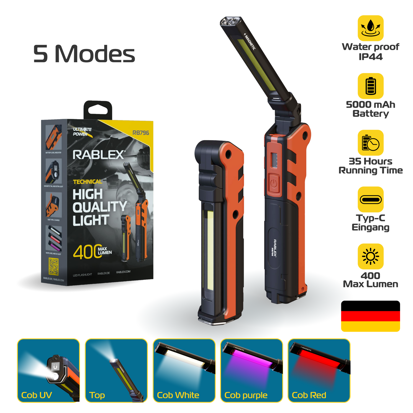 RABLEX COB/LED Akku Arbeitsleuchte ausklappbar bis 180° verstellbar Magnetfuß LT