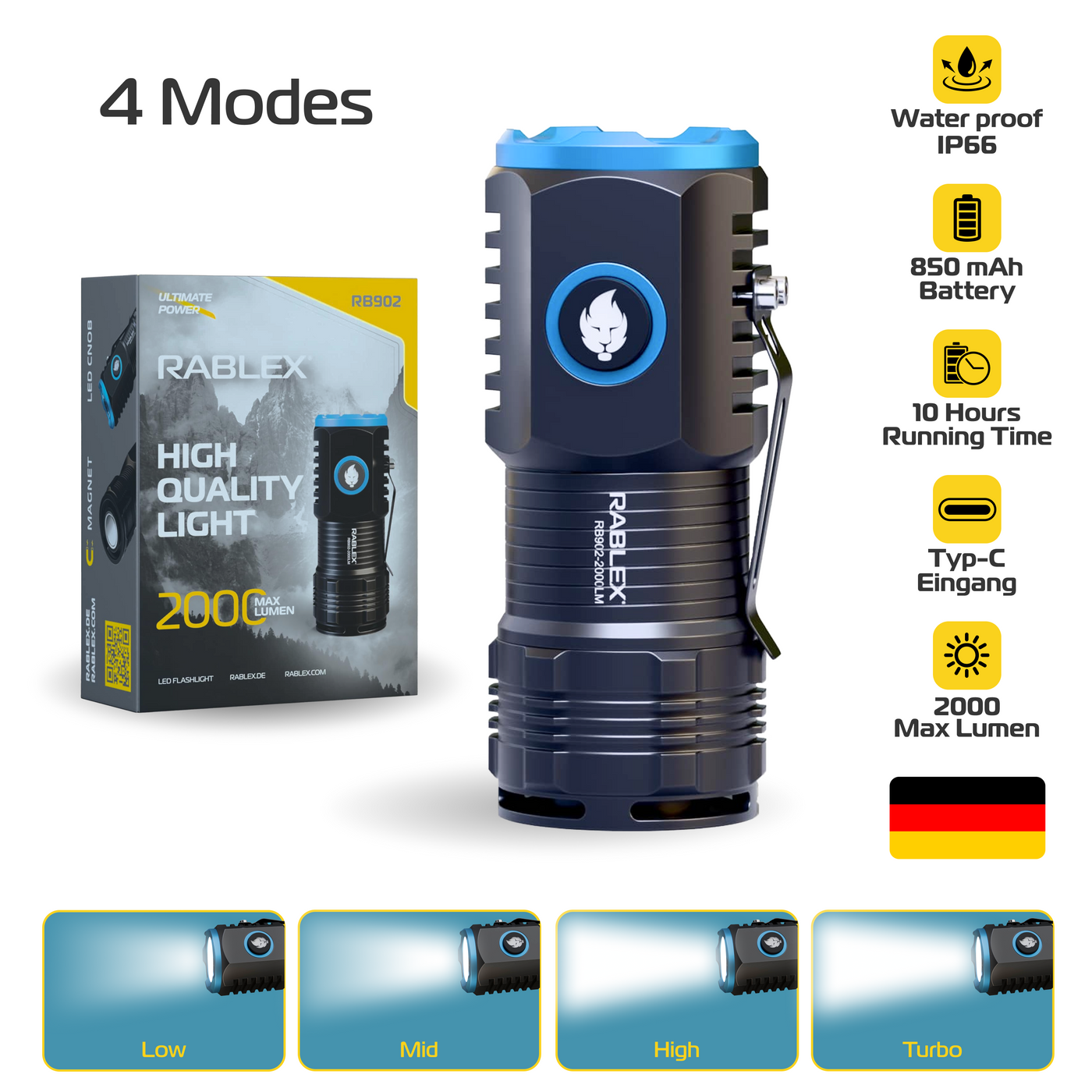Ultrahell 2000 Lumen LED Taschenlampe – Aluminium & Wasserdicht Torch Flashlight RB - 902