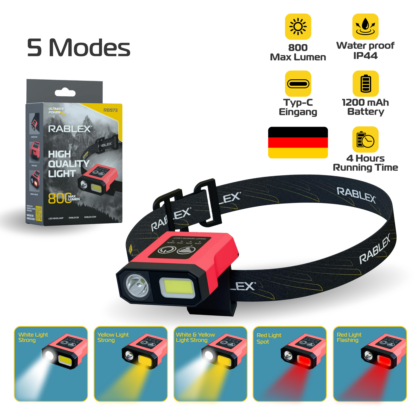 RABLEX 5in1 LED Stirnlampe Rot Gelb Weiß 800LM Wasserdicht Wiederaufladbar Lampe