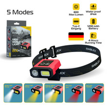 RABLEX 5in1 LED Stirnlampe Rot Gelb Weiß 800LM Wasserdicht Wiederaufladbar Lampe