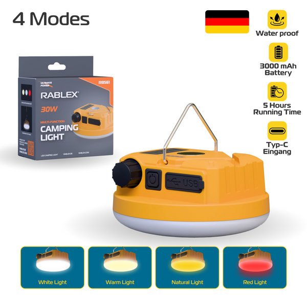 Rablex RB561 LED Camping Lamp 30W – Rechargeable with USB, Waterproof