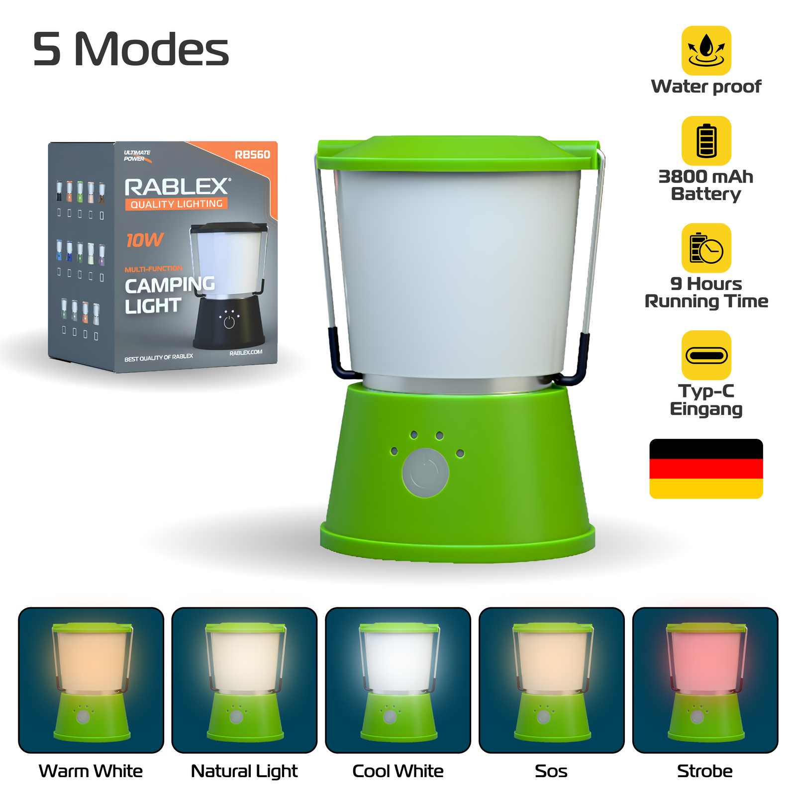 RABLEX RB560 Campinglampe 10W | 3800mAh Akku | USB-C | 5 Modi | IPX5 | Weiß/Ro