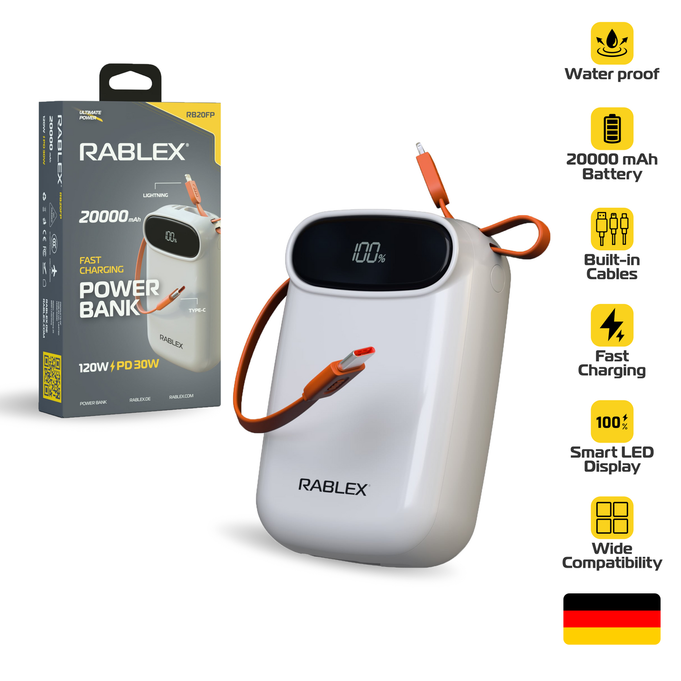 Rablex 20000 mAh Powerbank USB-C PD 120W 30W Ausgang iPhone & Android kompatibel