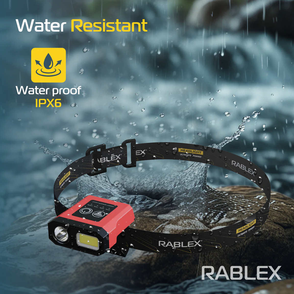 RABLEX 5-in-1-LED-Stirnlampe, rot, gelb, weiß, 800 lm, wasserdicht, wiederaufladbar
