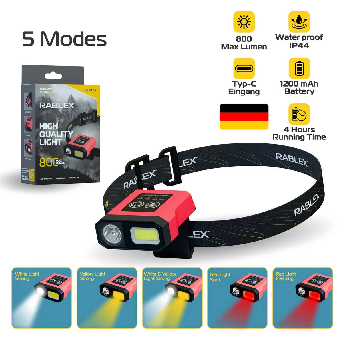 RABLEX 5-in-1-LED-Stirnlampe, rot, gelb, weiß, 800 lm, wasserdicht, wiederaufladbar