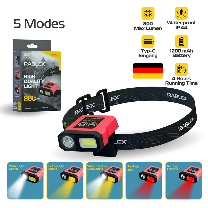 RABLEX 5-in-1-LED-Stirnlampe, rot, gelb, weiß, 800 lm, wasserdicht, wiederaufladbar