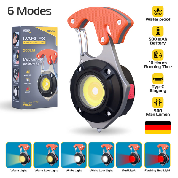RABLEX Mini-Schlüsselanhänger-Taschenlampe, 6 Modi Weiß/Warm/Rot, superhell